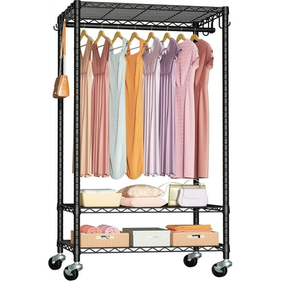Heavy Duty Rolling Clothes Rack with Wheels, Freestanding Garment Rack, 35.5 W x 14 D x 74.6 H Inches, 380 Lb Capacity, Black