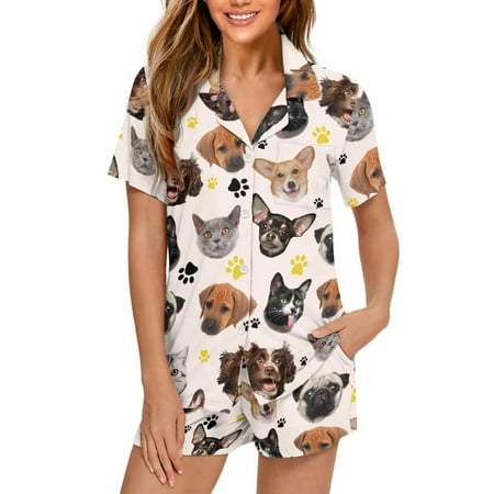 Yuyamidu Cat Dog Print Womens Pajama Sets Notch Collar Pajama Top and Pajama Pants Shorts PJ Set Pajamas Sleepwear for Women Lounge Wear with Pockets Clothing for Beach Party Yoga Size M