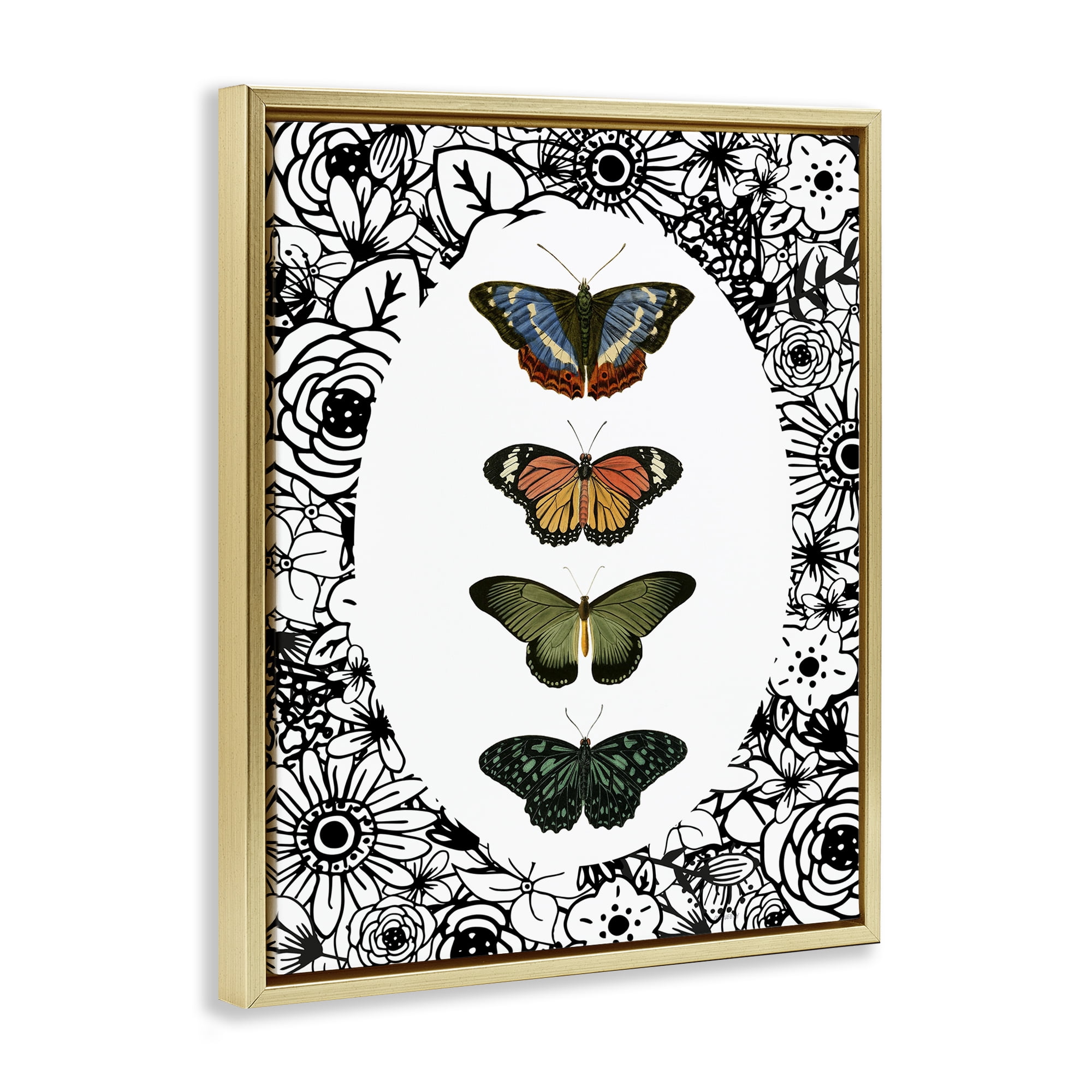 Stupell Industries Floral Border Butterfly Lineup Gold Framed Floater Canvas Wall Art, design by Dan Meneely