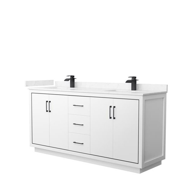 72 in. Icon Double Bathroom Vanity, White, Carrara Cultured Marble Countertop, Undermount Square Sinks & Matte Black Trim