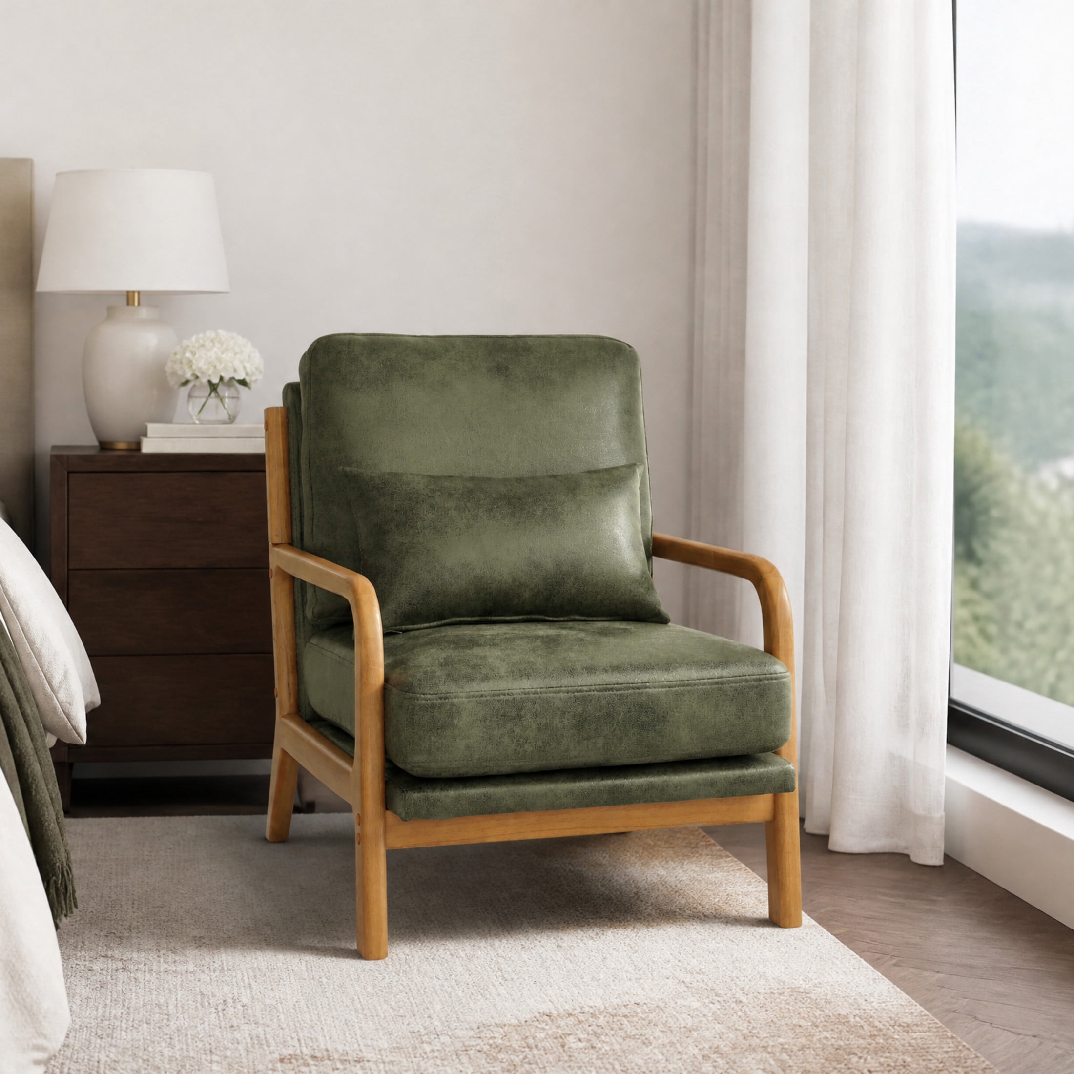 Noble House Mid-Century Modern Lounge Chair, Foil Fabric Upholstered Accent Chair, Olive Green