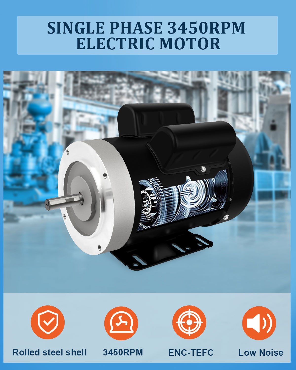 5HP Electric Motor 3450RPM General Purpose Single Phase Motor 208-230V 56C Frame 5/8" Shaft Diameter 60HZ TEFC
