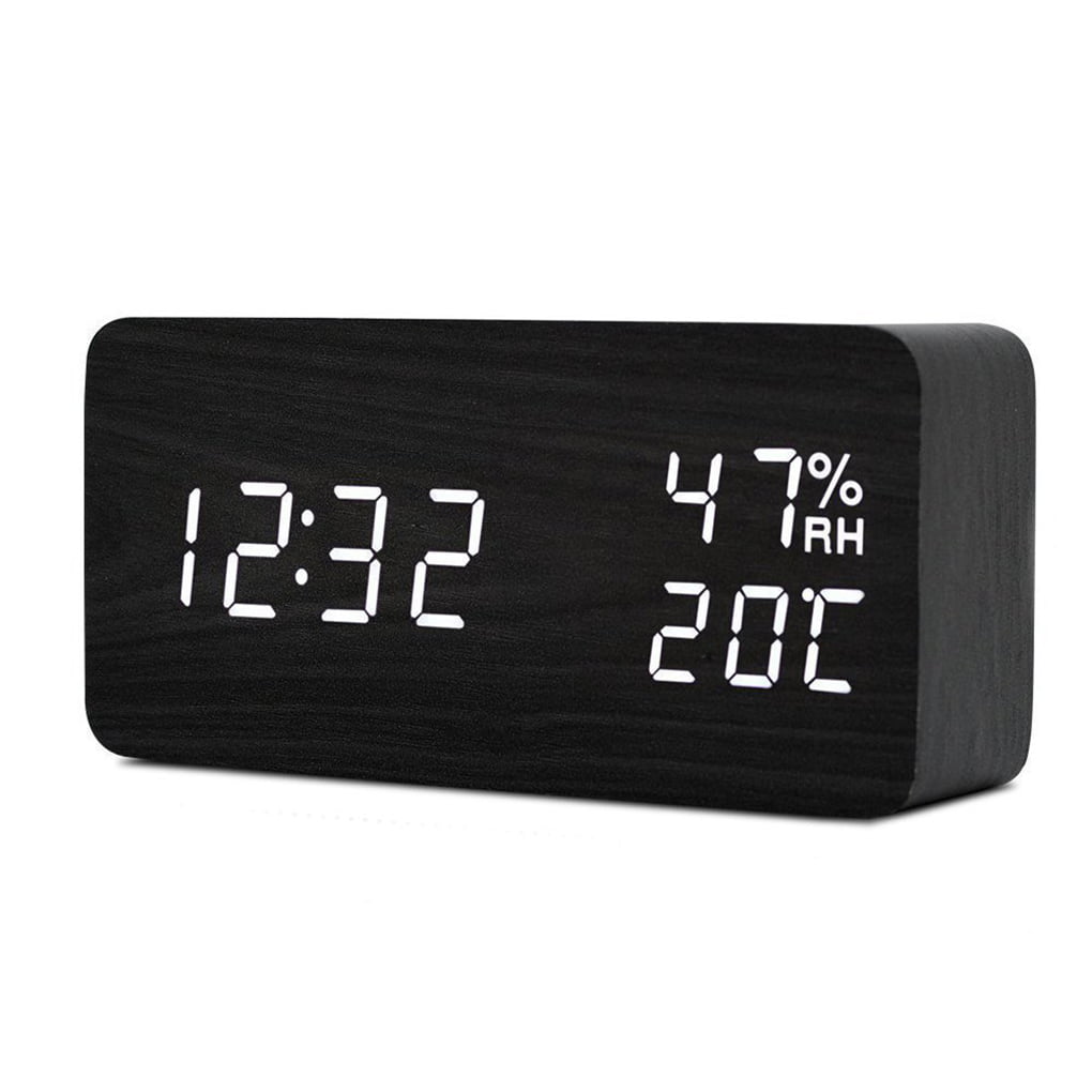 Wood Bamboo Alarm Clock Temperature LED Electronic Desktop Digital Table Clock 