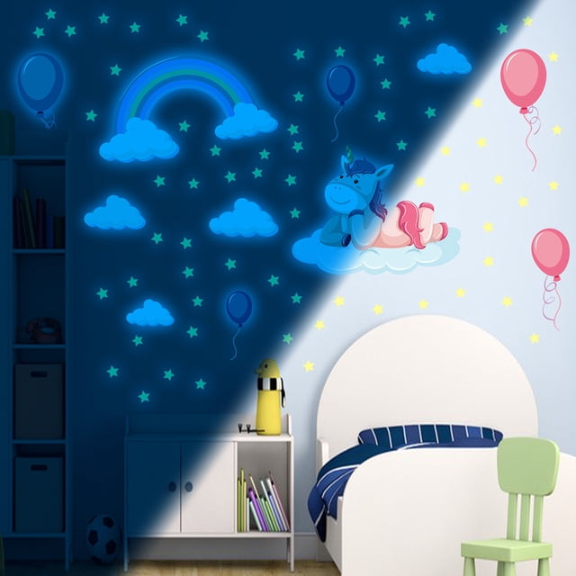 2 calcomanías de pared con luz azul arcoíris para dormitorio de niñas (unicornio arcoíris), calcomanías de techo con estrellas de luz nocturna para dormitorio de niños Calcomanías de decoración de sa