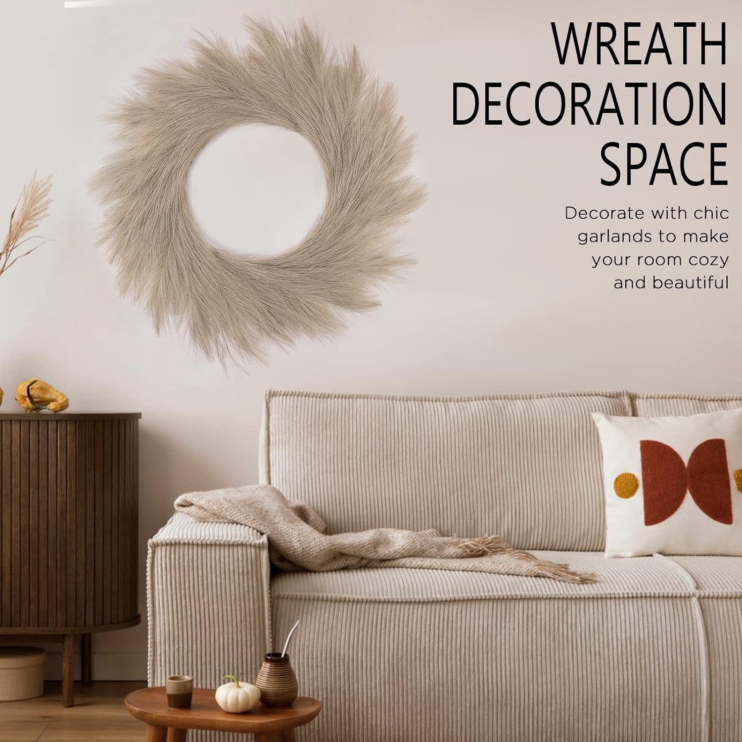 Artificial Pampas Wreath Indoor, 26" Brown Faux Pampas Dried Flower Fall Decor for Outdoor Boho Style Home Decor (Brown, 1)