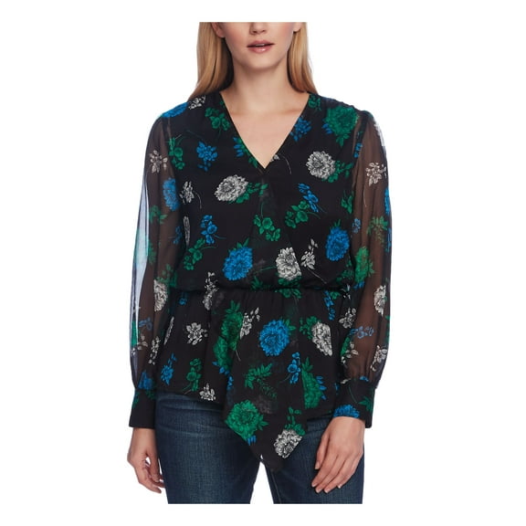 Vince Camuto Womens Bishop Sleeves V-Neck Peplum Top Black S