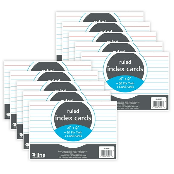 C-Line Index Cards, 4" x 6", White, Ruled, 50 Per Pack, 10 Packs