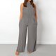thumbnail image 2 of Monos informales para mujer tallas grandes: mono holgado sin mangas de color liso con bolsillos, pantalones anchos largos, mezcla de materiales, M-XXXL, 2 of 5