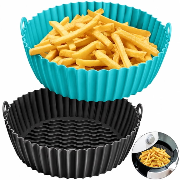 8-Inch Reusable Silicone Air Fryer Liners, 2-Pack, Black and Cyan