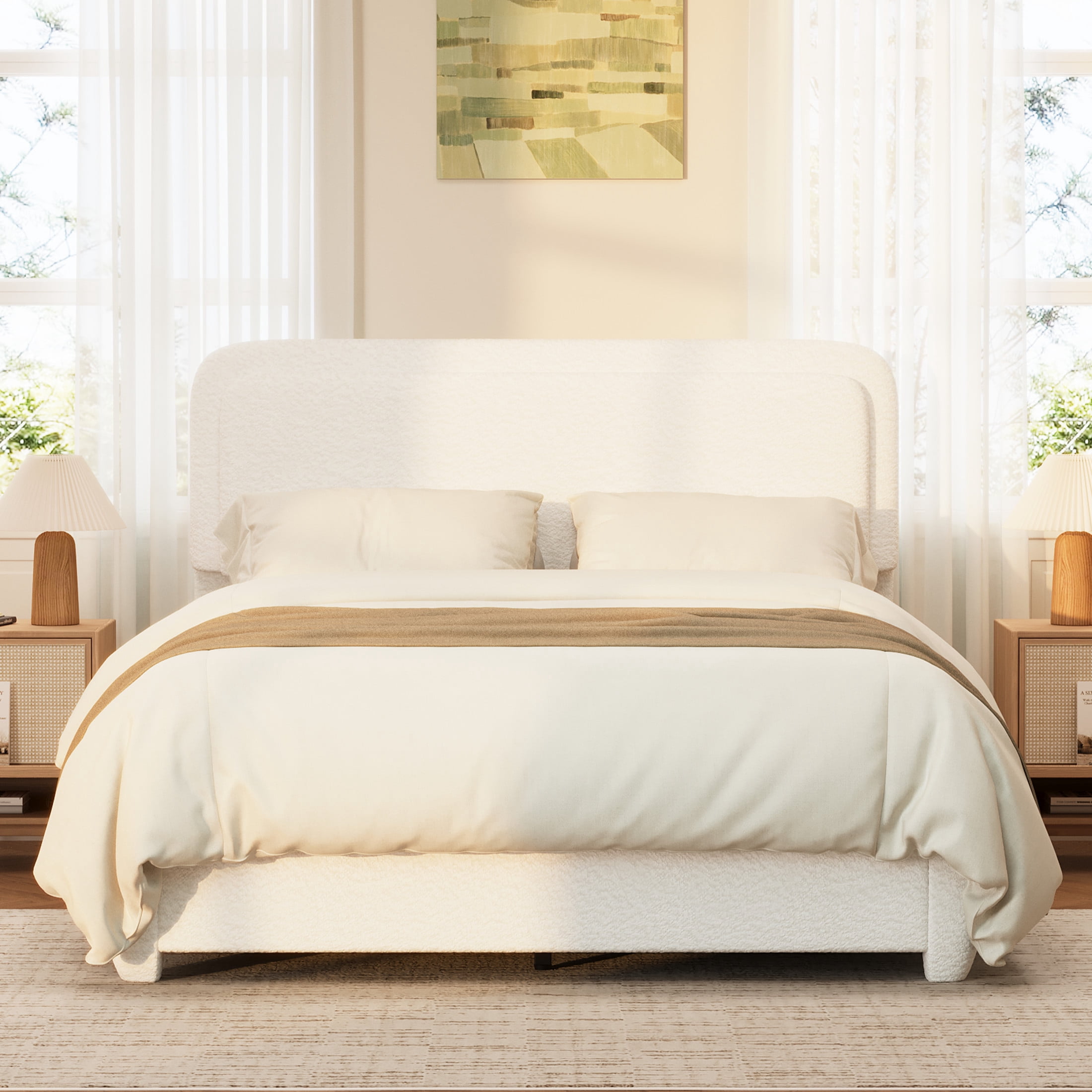 Noble House Queen Boucle Platform Bed with Adjustable Headboard, Low Profile, White
