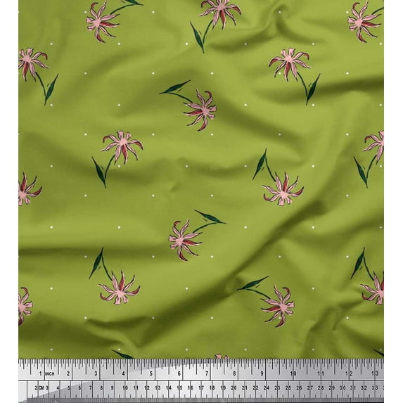 Soimoi Green Cotton Jersey Fabric Dot & Floral Artistic Printed Craft Fabric by the Yard 58 Inch Wide