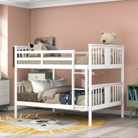 Bunk Bed Frame Full Over Full  Bunk Beds for Kids with Ladder and Full-Length Guardrail  Wood 2-in-1 Bunk Beds for Boys Girls  Convertible into 2 Platform Beds  No Box Spring Needed  White
