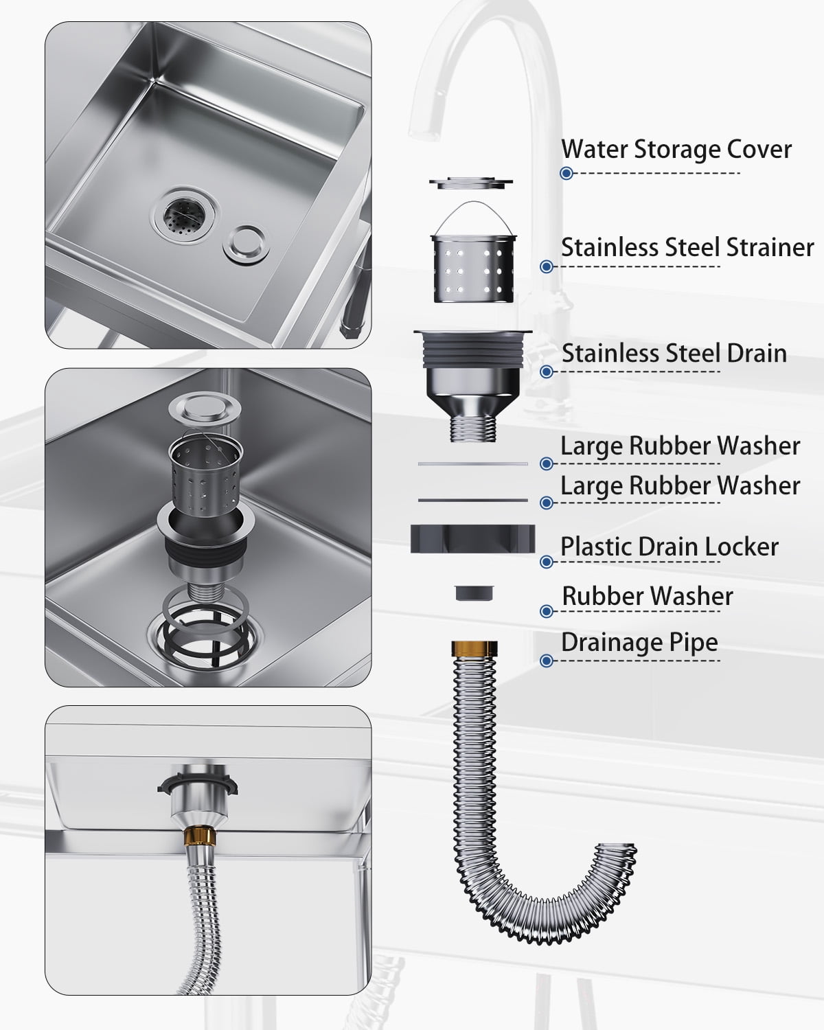 JFHID Stainless Steel Utility Sink, Free Standing Single Bowl Commercial Kitchen Sinks with Faucet & Shelf for Laundry Tub Restaurant Garage or Outdoor Use