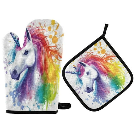

Heat Resistant Oven Glove & Hot Pad Set Reusable and Washable Kitchen Combo for Baking BBQ Oven Microwave Rainbow-colored Unicorn
