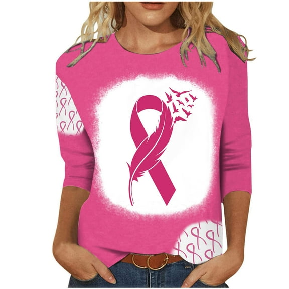 Luxalzxs Breast Cancer Awareness T Shirt for Women Pink Ribbon Print 3/4 Length Sleeve Round Neck Tops Cancer Fight Inspirational Tee