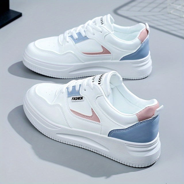 Zapatillas de deporte casuales y de moda para mujer, zapatos de skate con bloque de color con parche de letras, zapatos bajos con cordones
