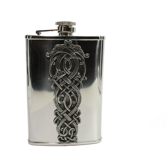 Whiskey Flask Celtic Dragon Stainless Steel & Pewter Irish Made