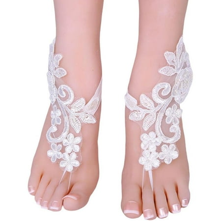 

HRSR Bridal Lace Anklets Barefoot with Toe Ring Romantic Embroidery Sandals Anklet Exquisite Delicate Beautiful Foot Chain Wedding Anklets Lace Decor 1 Pair Women Lady Bridal(White)