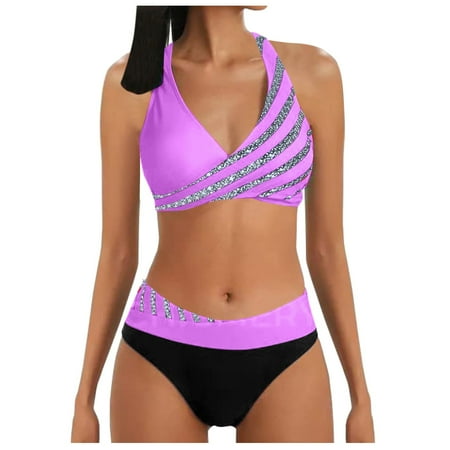 Upioiwer Womens Bottoms Bikini Suit Plus Size Swim for Women Prints Bathing Swimsuit Bikinis Woman Swimming Suit Long Set Purple Medium