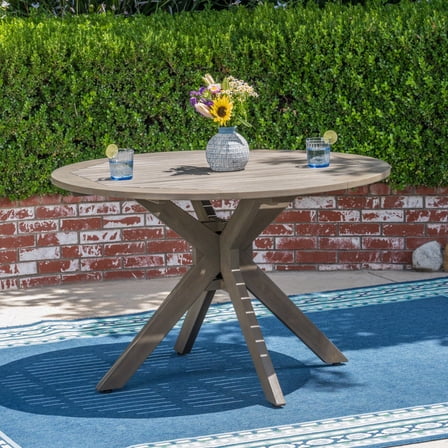 Outdoor Round Acacia Wood Dining Table with X Base, Gray Finish