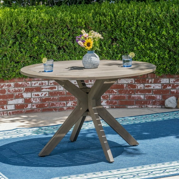 Outdoor Round Acacia Wood Dining Table with X Base, Gray Finish