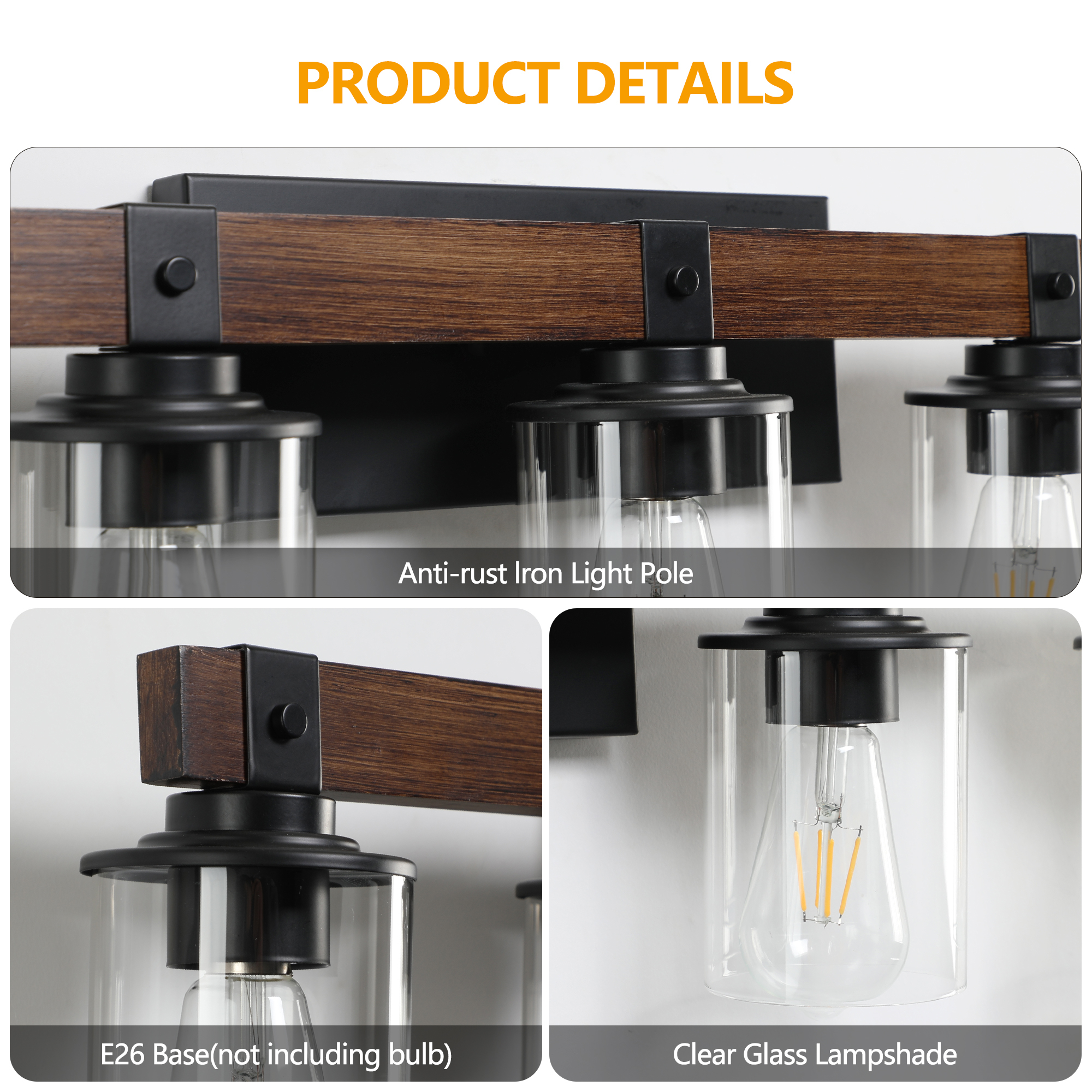 Leumius 5-Light Bathroom Vanity Light, Industrial Wall Sconce with Glass Shades and Wood Accent, Modern Farmhouse Lighting Fixture for Mirror, Bathroom, Bedroom and Hallway Walnut (No Bulbs)