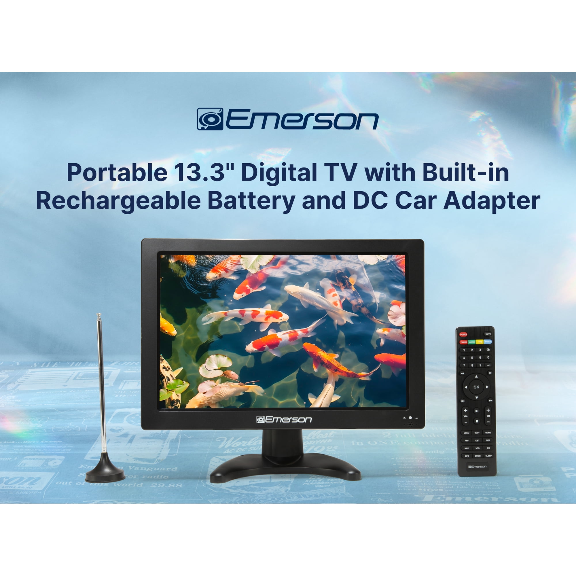 Emerson ET-1300 Portable 13.3” Digital TV with Built-in Rechargeable Battery and DC Car Adapter, Black