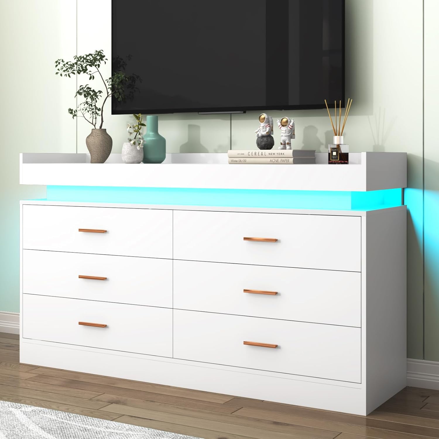 ChVans White Dresser with LED Light and Charging Station, Modern Wood Dresser with Wide Drawers and Metal Handles, 6 drawer dresser for Bedroom, Living Room, Entryway, Hallway