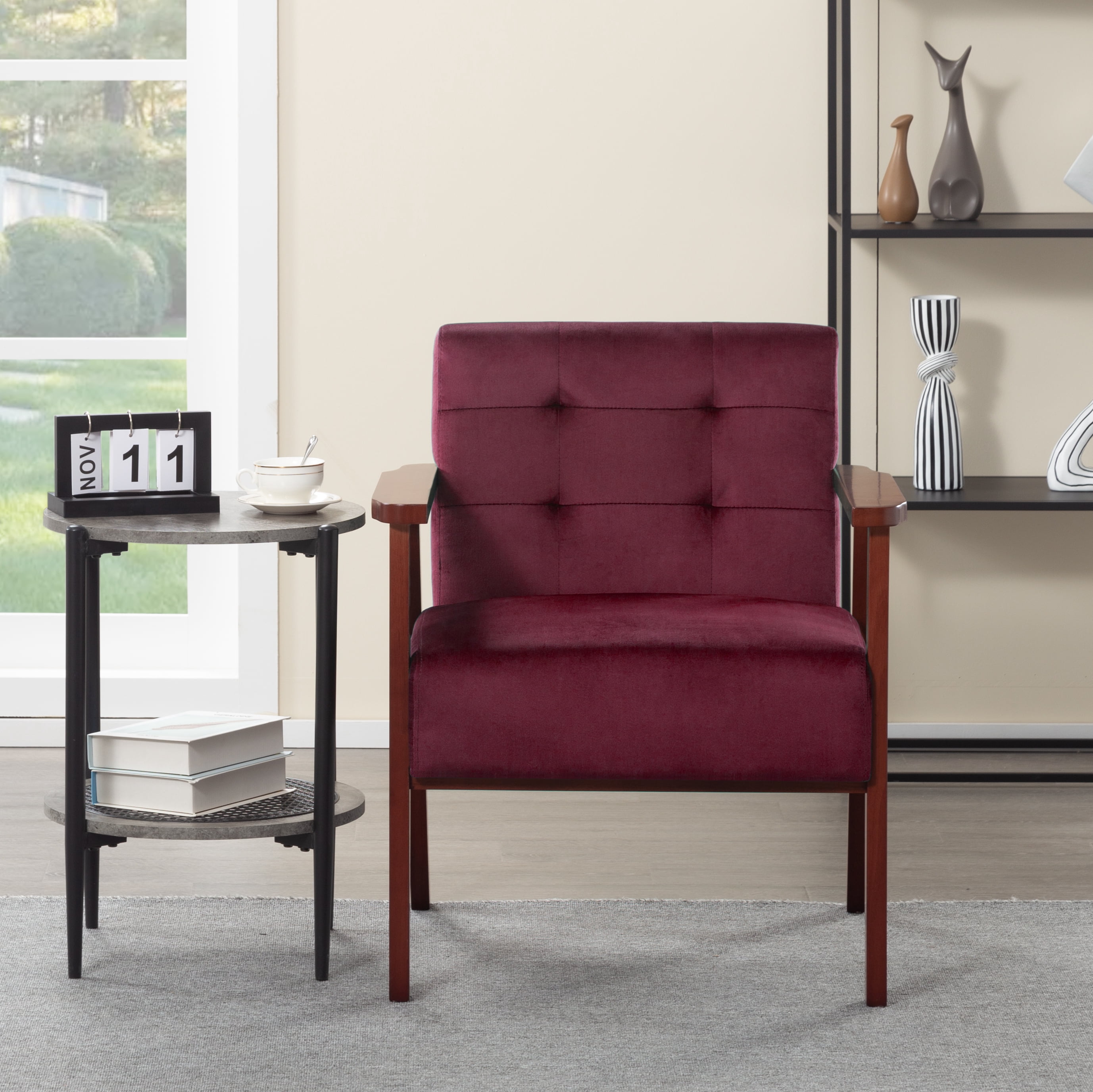 BSHTI Wood Frame Accent Armchair, Velvet Accent Armchair With Comfy Upholstered Armchair for Living Room, Bedroom Corner, Reading Nook