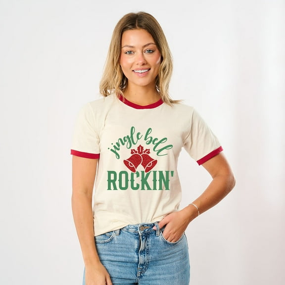 Jingle Bell Rockin' Bell Glitter - Women's Ringer Tee