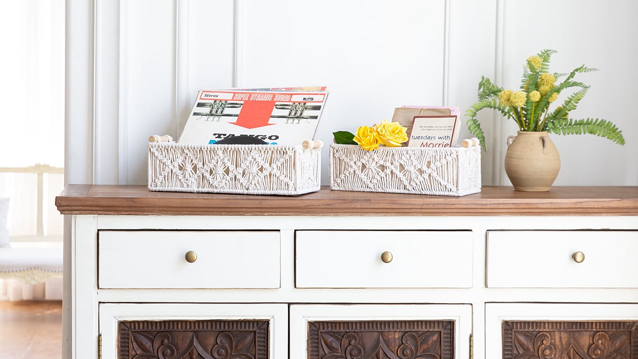 Mkono Set of 2 Small Baskets for Organizing Boho Decor Woven Decorative Storage Bins for Countertop Toilet Paper Box  Home Apartment Nursery