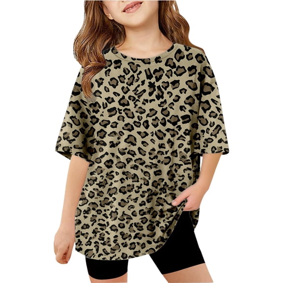 Lullu Girls Oversized Leopard T-Shirt Half Sleeve Round Neck Tshirt Casual Tee, Sizes 5-14