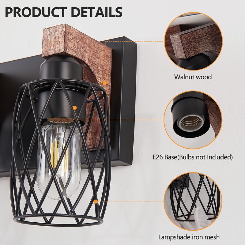 38" Industrial Vintage 6-Light Wall Sconce - Black Bathroom Vanity Light Fixture with Cage Shade & Wood Accents - E26 Lighting for Bathroom, Hallway, or Living Room (Bulb Not Included)