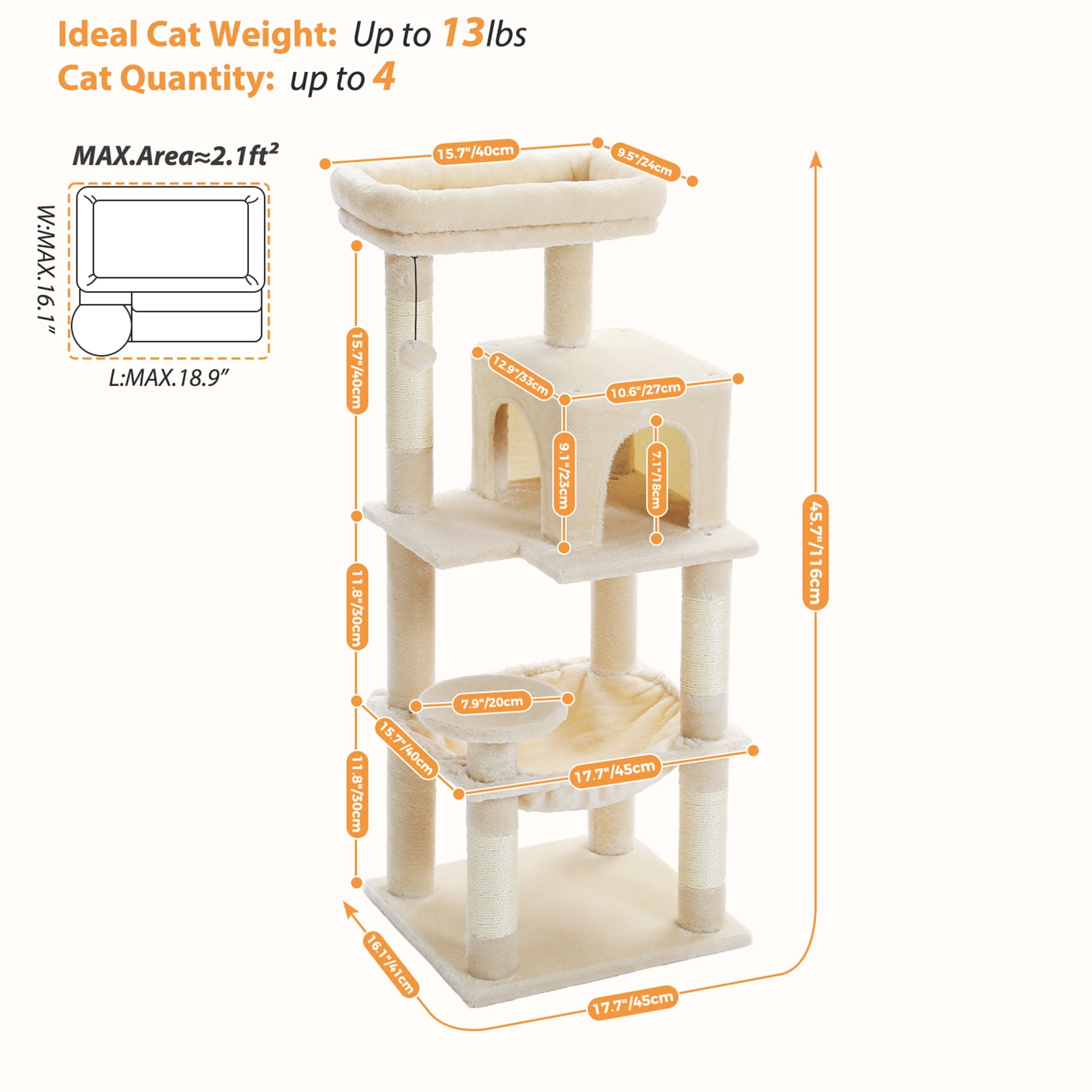 Kadyn 45" Modern Cat Tree House, Cat Condo for Indoor Cats, Activity Center Cat Scratching Tower for Kittens Toy, Beige