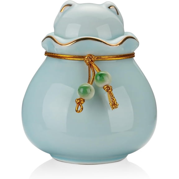 XIUDA Pet Memorial Urn for Cat or Dog Ashes - 3.54"x3.15" Elegant Ceramic Keepsake Holder with Cat-Shaped Lid & Gold Trim, Small Cyan Urn for Pet Ashes