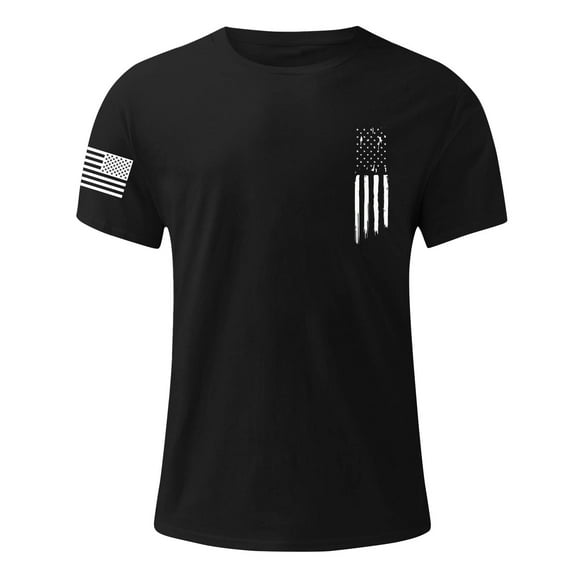 Men's Patriotic Loose Fit T-Shirt, Soft Cotton Short Sleeve Top with All-Over Flag Print for Summer ,Black L