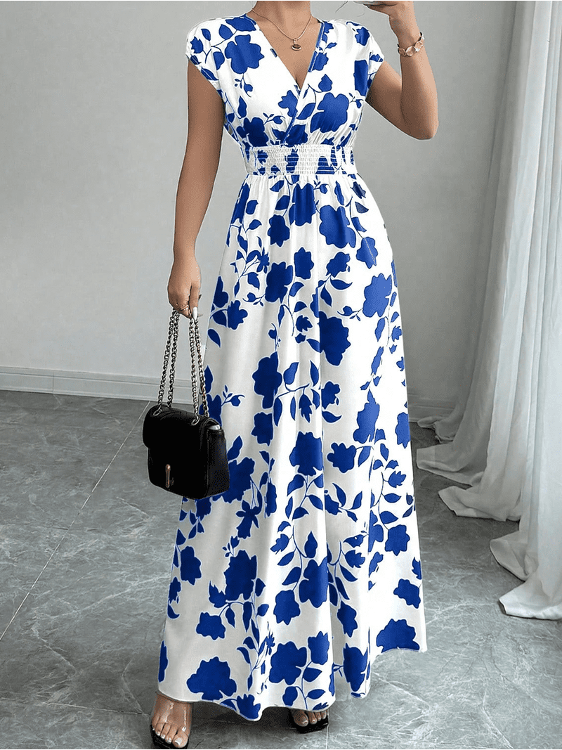 ZOELNIC Women's Wrap V Neck Short Sleeve Empire Elastic Waist Summer Casual Elegant Maxi Long Dresses, L