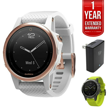 Garmin Fenix 5S 42mm Multisport GPS Watch - Rose Goldtone Sapphire with White Band (010-01685-16) + 1 Year Extended Warranty + Silicon Wrist Band - Green + Universal USB Travel Wall