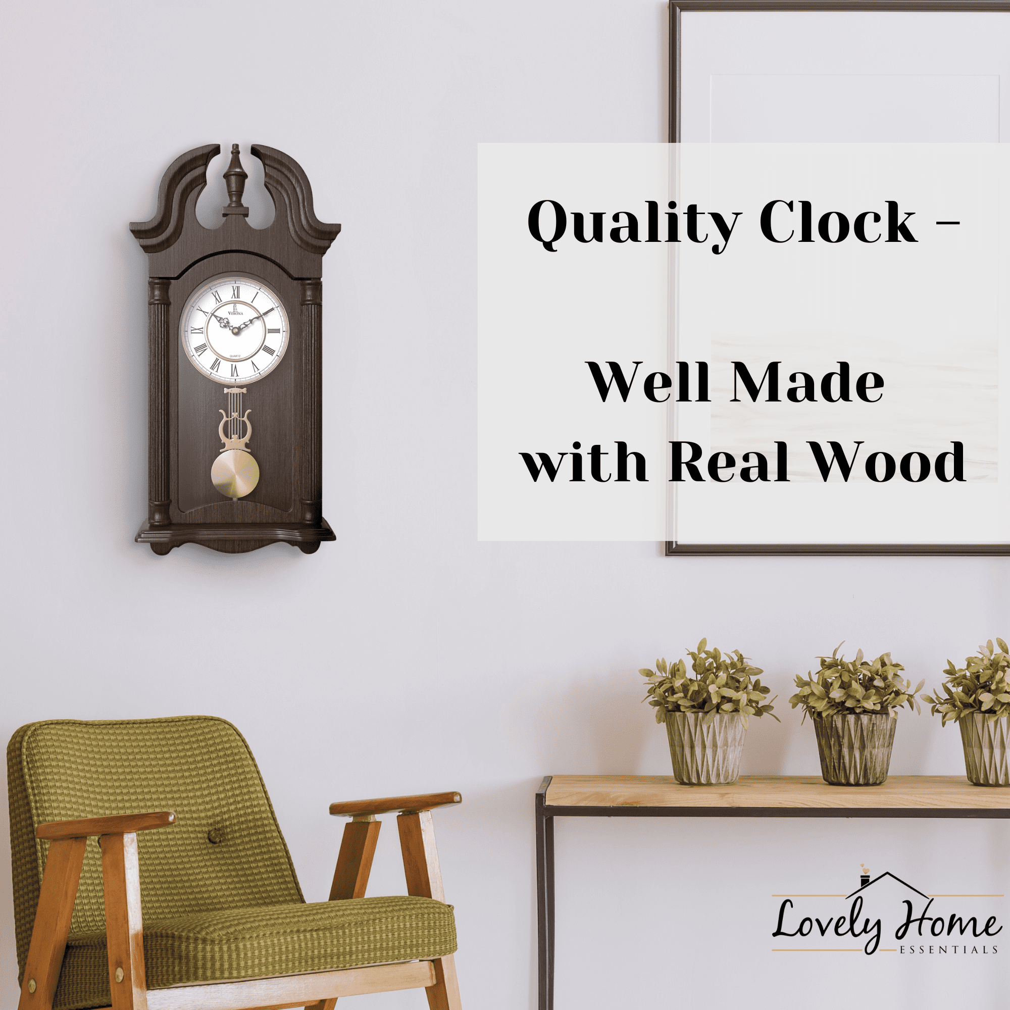 Pendulum Wall Clock, Silent Decorative Wood Pendulum Clock with Swinging Pendulum, Battery Operated, Dark Wooden Design, for Living Room, Dining Room, Kitchen, Office & Home Décor, 23.5x9.25 Inch