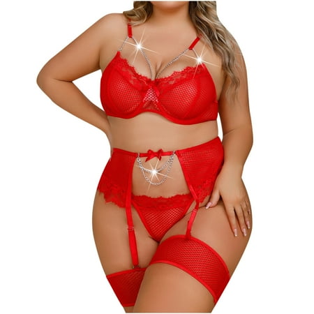 

YYDGH Women s Sexy Fishnet Lingerie Set Chain Babydoll Underwire Bra and Panty Sets with Garter Belt 4 Pieces Red 4XL