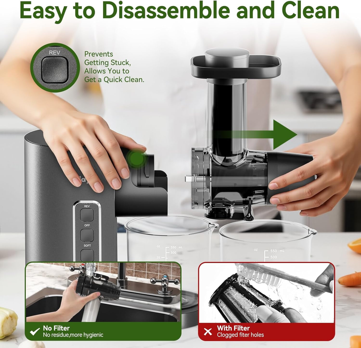Cold Press Juicer, Slow Masticating Juicer with Soft & Hard Modes for Fruit and Vegetable  Extraction