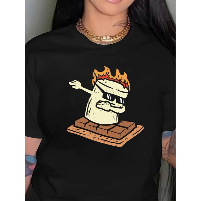 Camiseta elegante con letras para mujer: manga corta informal, cuello redondo y diseño divertido de malvaviscos y chocolate. Lavable a máquina. Para adultos, hombres, mujeres, adolescentes, jóvenes.
