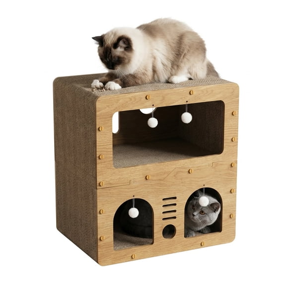 LCOKEIY  Natural Wood Wooden Cat Tree Tower, for Cats up to 20 lbs