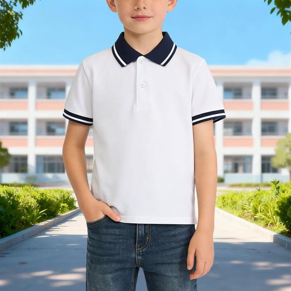JOANKDMI Short Sleeve Shirts Boys 3T Contrast Striped Collar Kids Casual Cotton Pique Tops School Uniform Pullover T Shirts for Golf Tennis Summer Holiday Wear
