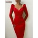 thumbnail image 2 of InstaHot elegante fiesta mujer vestido ajustado cuello en V manga larga media pantorrilla lápiz vestido 2020 Casual Oficina señora sólido rojo Puff manga Tan Jianjun unisex, 2 of 2