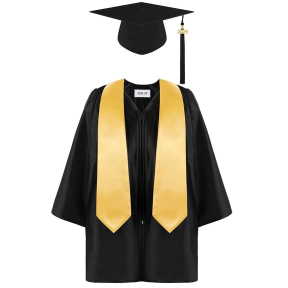 Graduation Gown Cap Tassel Set 2026 For Kids, Preschool Kindergarten Middle School Graduation Robe With Gold Stole, Unisex Outfits For Boys Girls Back-To-School Birthday Gifts 4-14Y Black,27=4-6Y