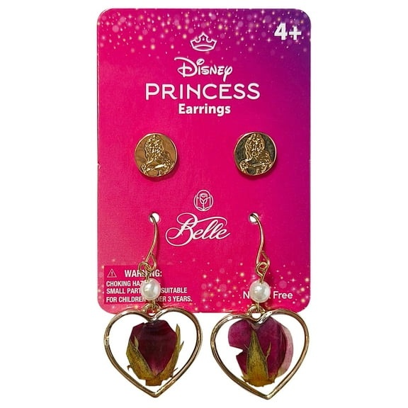LUV HER Disney Princess Belle Earrings Set for Girls – Heart-Shaped Drop Earrings with Pearl Accent & Belle Studs – Nickel-Free, Ages 4