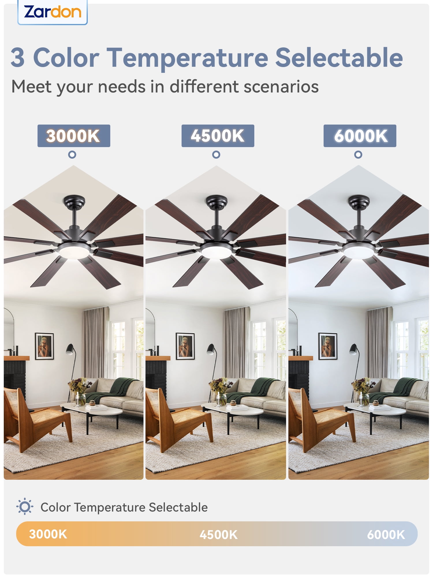 Zardon 62 inch Ceiling Fan with Light and Remote Control - Quiet DC Motor, 6 Speeds, Dual Finish Blades for Indoor Use - Black