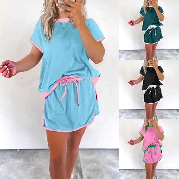 Lounge Sets for Women 2 Piece Skirt Colorblock Drop Shoulder T Shirt and Skort Set Summer Tracksuits Sky Blue XL(XL)