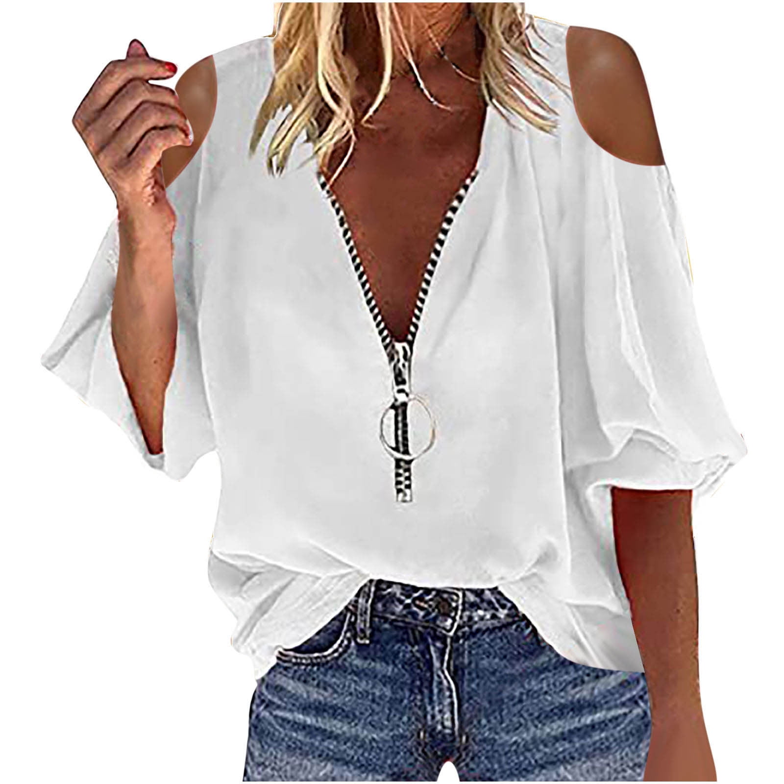 YWDJ Womens Tops Casual Fashion Women's Solid Patchwork V-Neck Zipper Long  Sleeves T-Shirt Blouse Tops White XS 